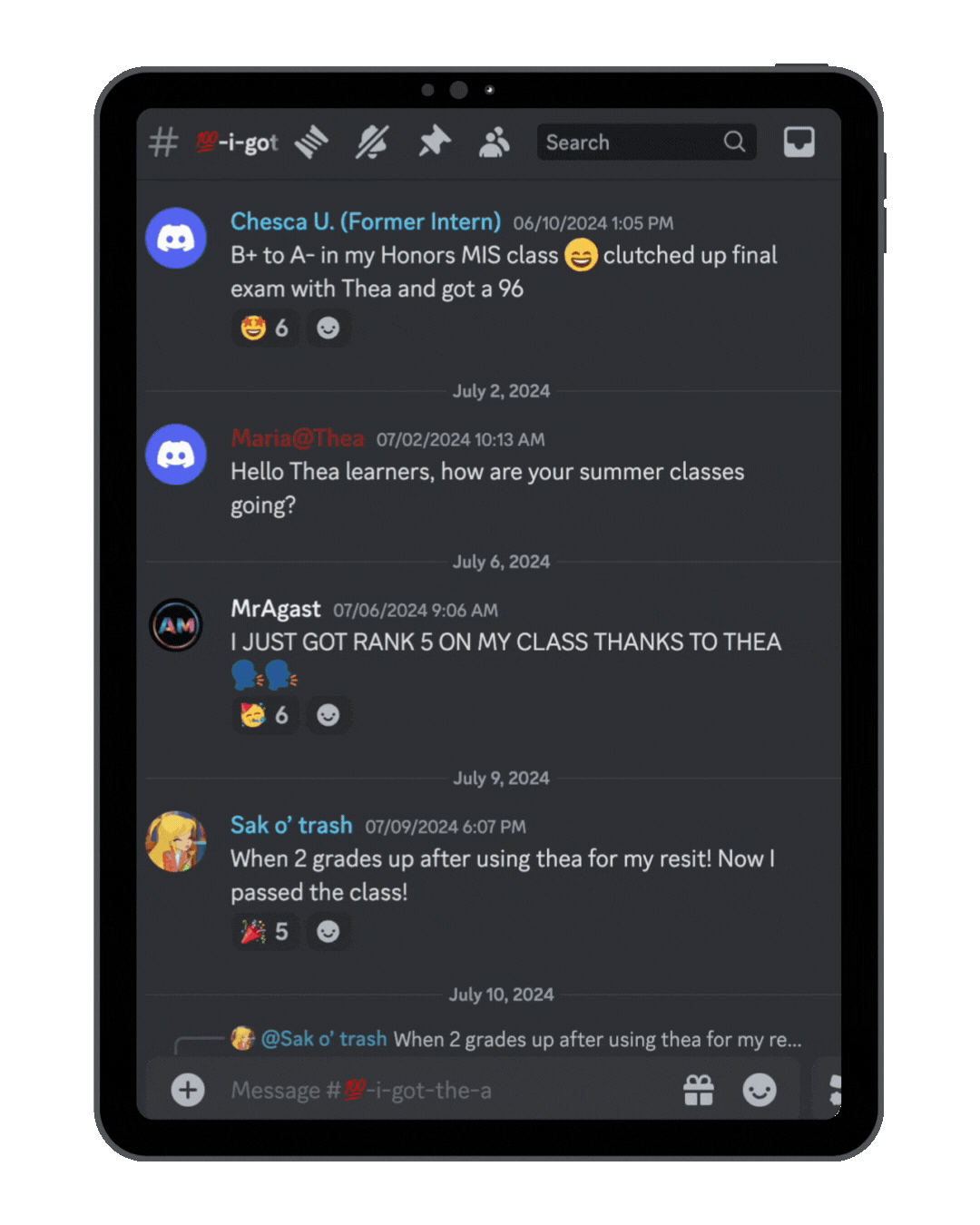 video feed of the i-got-the-a channel of Thea's student discord community where learners can share their academic victories